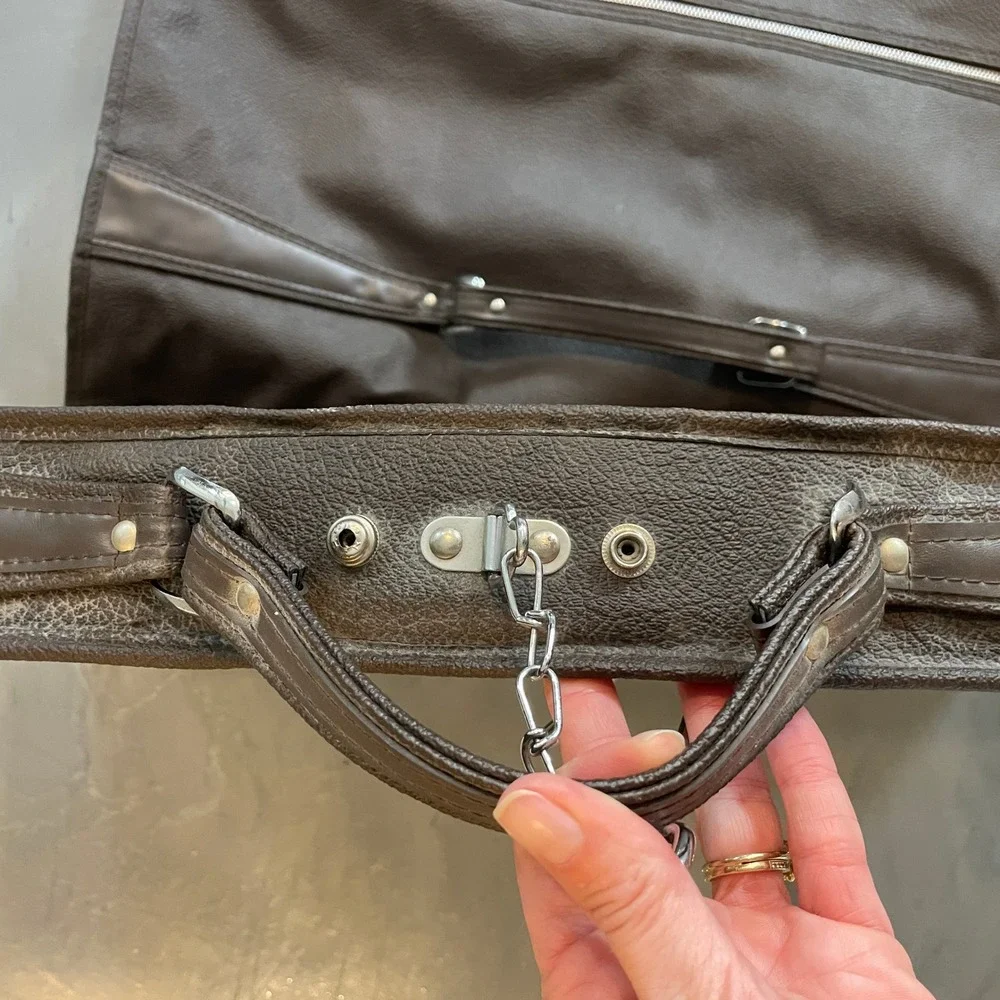 VTG American Tourister Brown Faux Leather Hanging Garment Bag 39x23 Travel Suit